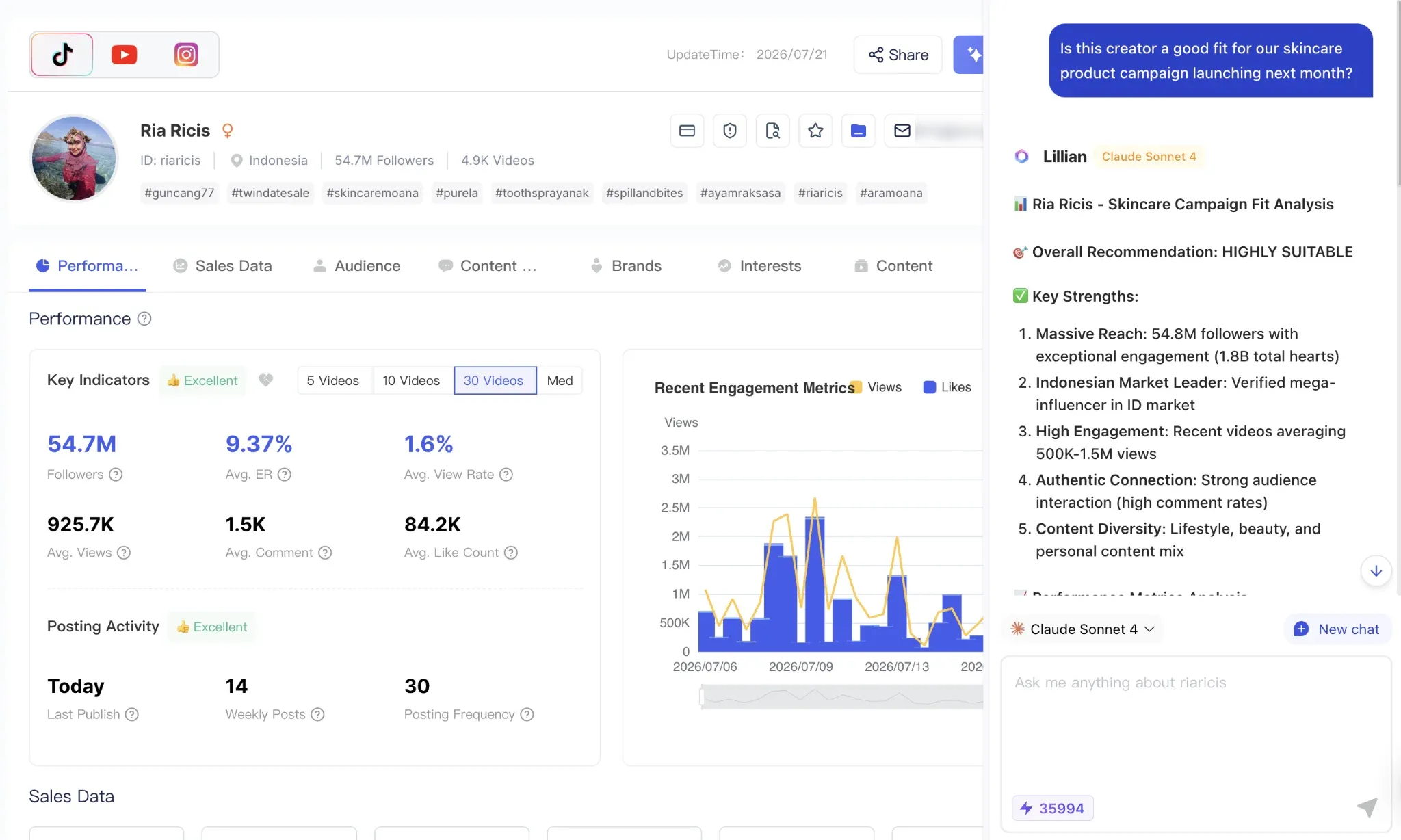 Talk to Scrumball AI sidebar to evaluate and compare high-fit TikTok influencers